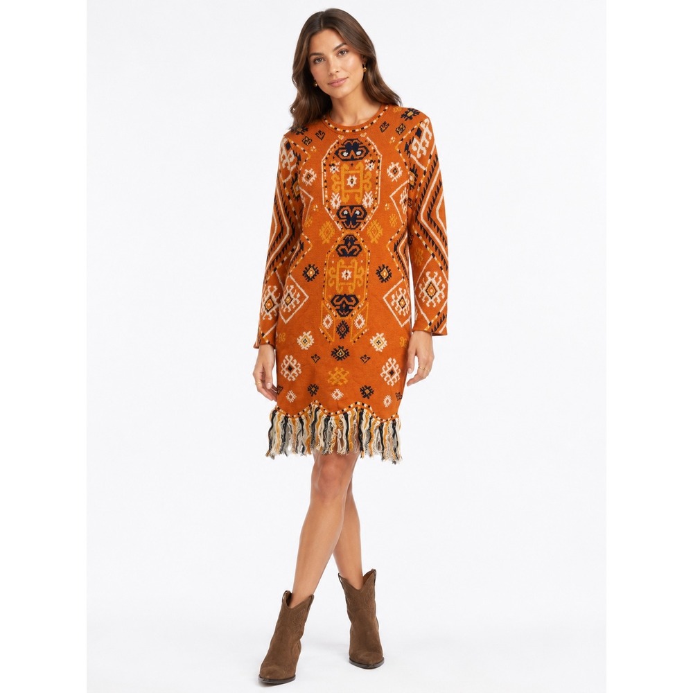 MOTHER Folksy Fringe The 3 Quarter Dress Pima Cotton Intarsia Multi Size‎ S/M